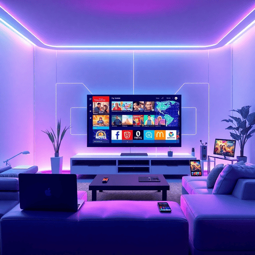 Illustration of IPTV technology with a smart TV and multiple devices streaming live TV, on-demand content, and global channels over the internet in a modern living room.